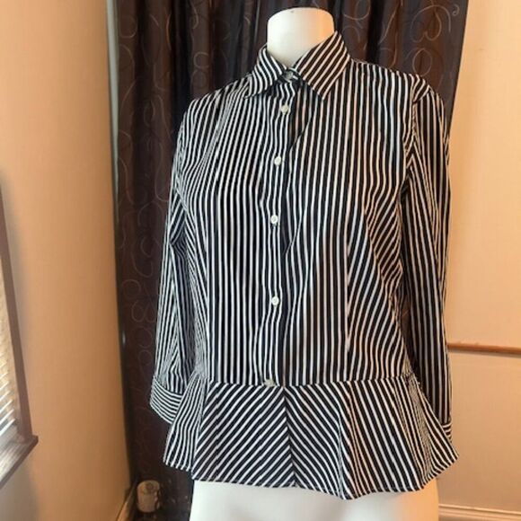 Lauren Ralph Lauren Black/White stripe button-down peplum shirt, size 6 - Picture 1 of 5